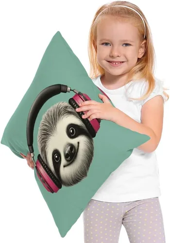 Miniatura 2 de Moslion Funda de almohada decorativa de perezoso con auriculares, funda de almohada cuadrada de lino y algodón de 18 x 18 pulgadas para sofá cama