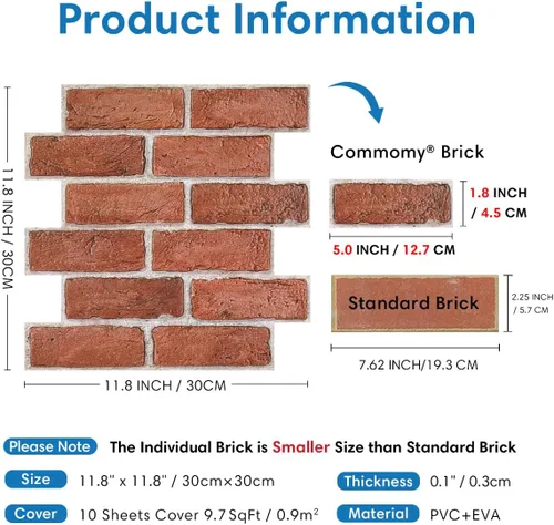 Miniatura 3 de COMSTICKC Panel de pared de ladrillo sintético rojo 3D para despegar y pegar, 10 piezas de 12 x 12 pulgadas, no azulejos reales, tamaño pequeño