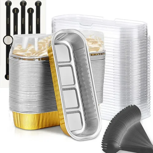 Miniatura 11 de Findful Mini Moldes para Hornear Pan con Tapas y Cucharas (Paquete de 50, 6.8oz) Moldes Rectangulares de Papel de Aluminio para Hornear Recipientes