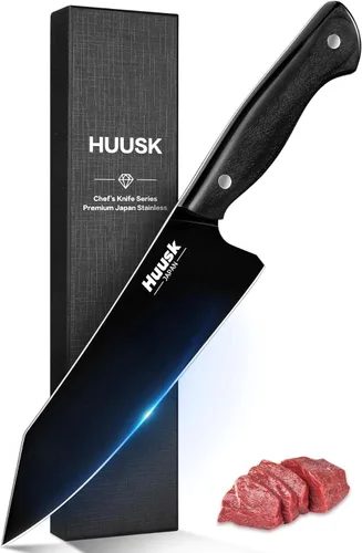 Huusk Cuchillo de chef japonés para cocina, cuchillo Kirisuke de 7 pulgadas con revestimiento de titanio negro, cuchillos de cocina de acero