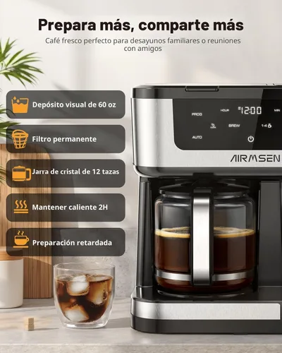 Miniatura 3 de AIRMSEN Cafetera Dual Programable de 12 Tazas – Máquina de una sola porción para Cápsulas K-Cup y Café Molido, 1000W de Preparación Rápida, Inicio