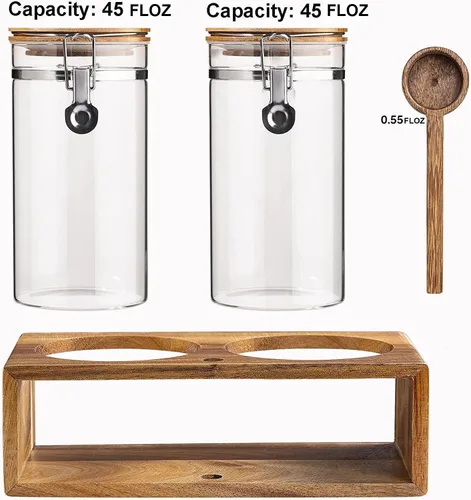 Miniatura 2 de Yangbaga Recipiente de Café de Vidrio con Estante de Madera, Juego de 2×45OZ Recipientes de Café y Azúcar, Recipientes de Café con Tapas Herméticas