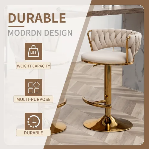 Miniatura 4 de Taburetes de bar dorados juego de 2, taburetes de bar de terciopelo giratorios con respaldo tejido, taburetes ajustables para isla de cocina, Beige