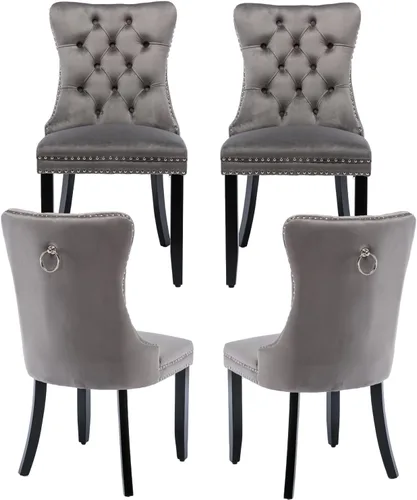 Miniatura 62 de Juego de 2 sillas de comedor de terciopelo, silla de comedor tapizada de alta gama con tirador de anillo en la espalda, adorno de clavos y patas