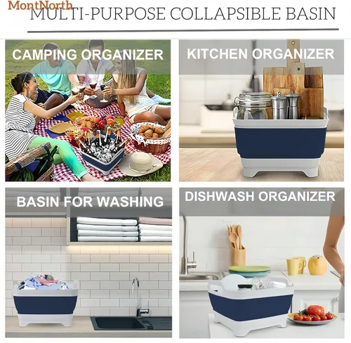 Miniatura 8 de Lavabo Plegable de 9L, Tina de Platos Plegable con Tapón de Drenaje, Lavabo de Platos Plegable Portátil, Fregadero de Campamento para Lavar Platos