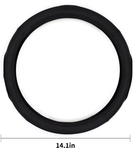 Miniatura 2 de QianBao Funda de cuero genuino para volante de automóvil, color negro para volantes de 13.5 a 14.2 pulgadas, absorbente de sudor (negro)