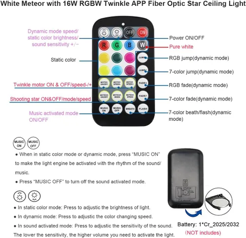 Miniatura 4 de AKEPO Kit de Luces de Fibra Óptica Twinkle Meteor APP de Tamaño Pequeño 16W, Estrella Fugaz+RGBW Activado por Música 550pcs 0.03in/0.75mm 9.8ft/3m