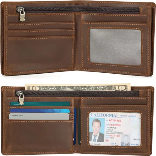 Miniatura 15 de Polare - Cartera plegable de piel de caballo loco natural para hombre, con bloqueo RFID