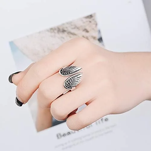 Miniatura 5 de Anillo de alas de ángel de plata 925 para mujer, estilo vintage, tailandés, teñido de plata negra, anillo abierto, hip hop, rock, eternidad