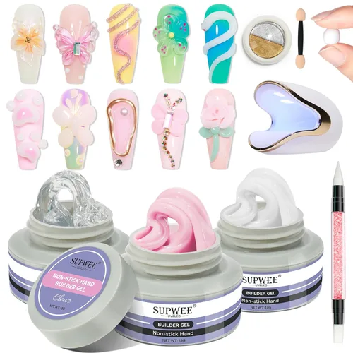 Gel Constructor Sólido para Uñas, Gel Duro Blanco Claro Rosa para Escultura de Arte de Uñas 3D con Lámpara UV y Polvo Cromado para Salón DIY en