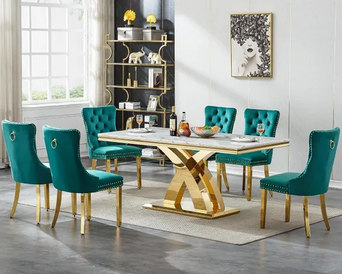 Miniatura 41 de Juego de mesa de comedor de 7 piezas con sillas, mesa de comedor de mármol sintético y sillas beige para 6, juego de mesa de comedor de oro blanco
