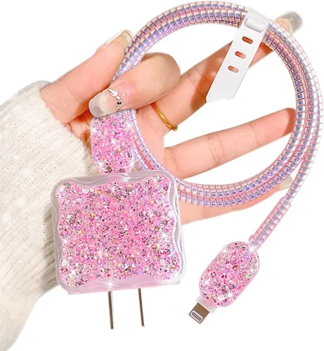 Miniatura 9 de CameCosy Protector de cable de lujo compatible con cargador de iPhone, diseño de borde ondulado con purpurina, funda USB de línea de datos, Azul