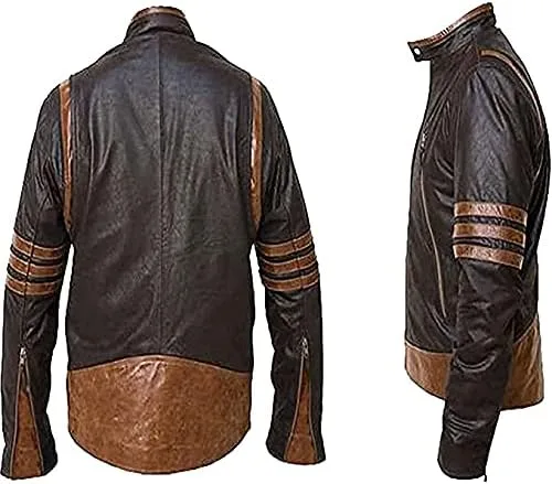 Miniatura 2 de X Wolverine - Chaqueta de cuero a rayas marrón para los fanáticos de Wolverine Logan (M), Marrón