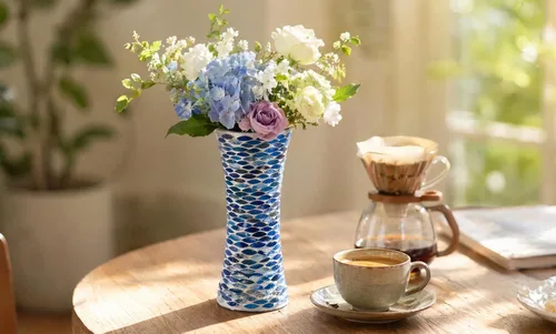 Miniatura 5 de Jarrón de mosaico de escamas de pez azul marino profundo de 11.6 pulgadas de alto, exquisito jarrón de vidrio alto hecho a mano, centro de mesa