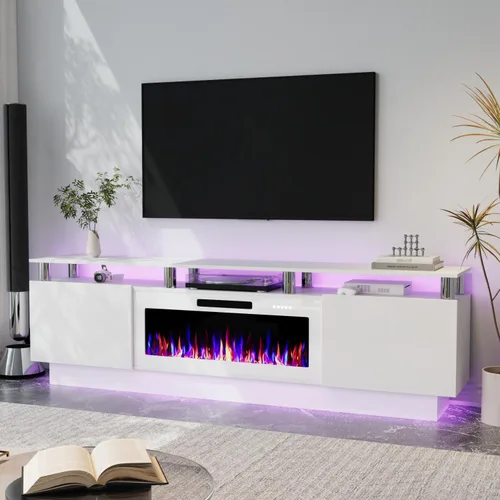 Miniatura 8 de Soporte de TV con chimenea de 36 pulgadas, soporte de TV negro de 70 pulgadas para sala de estar, moderno soporte de TV con chimenea eléctrica