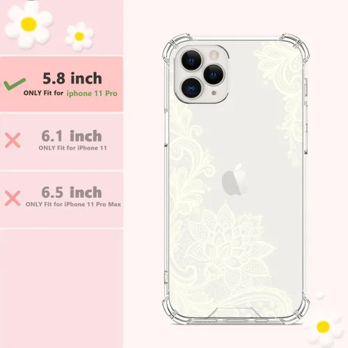 Miniatura 2 de Funda de cristal para iPhone 11 Pro (2019) de 5.8 pulgadas, bonita funda protectora transparente, diseño floral de encaje blanco [no amarillento]