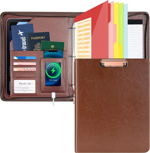 Miniatura 10 de Ospelelf Portapapeles de Cuero con Almacenamiento, Organizador de Portafolio con Cremallera, Carpeta de 3 Anillos de 1 Pulgada, Bloc de Notas, Funda