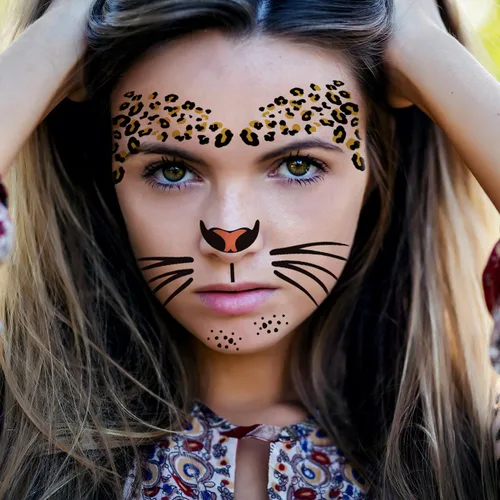 Miniatura 7 de Paquete de 6 tatuajes temporales de cara de leopardo feroz, kit de rayas realistas para nariz, bigotes y frente para Halloween, fiestas de disfraces
