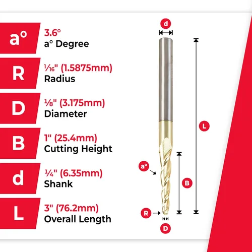 Miniatura 4 de Amana Tool Brocas de enrutador CNC en espiral para talla 2D/3D, recubierto de ZrN, 46286, punta de bola de ángulo cónico de 3.6 grados 1/8 D x 1/16