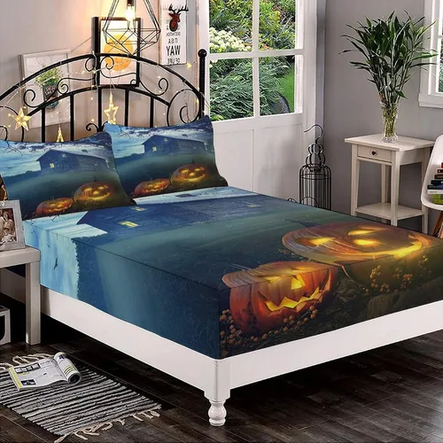 Miniatura 12 de Juego de sábanas bajeras decorativas tamaño Queen, sábanas bajeras de Halloween con bolsillos profundos y 2 fundas de almohada (sin sábana plana)