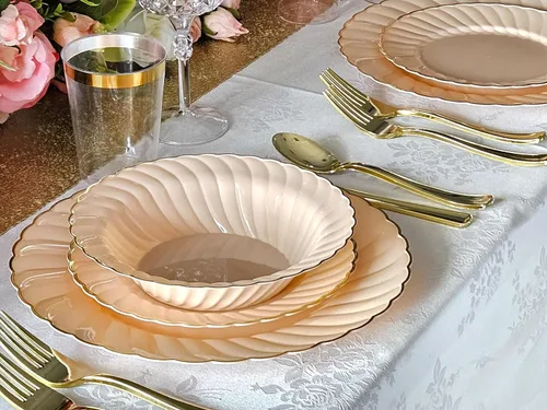 Miniatura 7 de Ocassions - Vajilla de 50-150-200 piezas para 25 invitados, color dorado, E1. Blossom Blush/Rosa & Oro