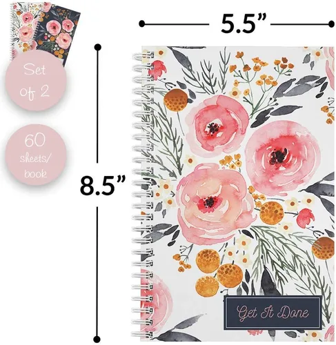 Miniatura 5 de Gotcha Covered Notebooks Mountain Floral: Juego de 2 cuadernos de espiral encuadernados con alambre. Dos diseños elegantes con 120 papeles con rayas