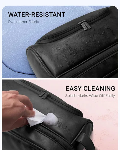 Miniatura 5 de Elviros - Neceser de aseo personal para hombre, organizador de viaje de cuero PU, con gancho para colgar, bolsas de afeitado para el baño de gran