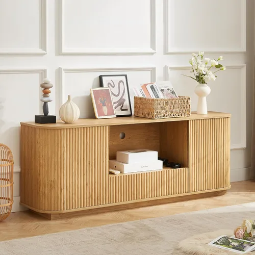 Miniatura 7 de Aparador de buffet de 64 pulgadas con almacenamiento, moderna credenza acanalada con estantes ajustables, mesa consola de barra de café de madera