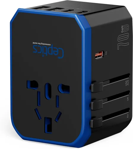 Miniatura 9 de Ceptics Adaptador de enchufe de viaje internacional mundial de 70 W - Potente tecnología GaN con Pd y QC 3.0 Dual 3X USB-C Power - 2 puertos USB