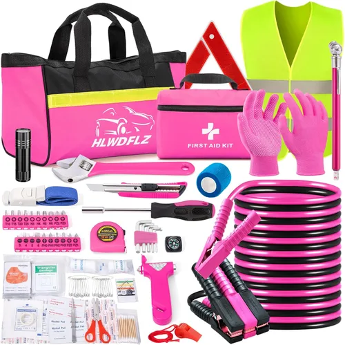 Kit de seguridad en carretera para automóvil, 129 piezas, kit de asistencia lateral de emergencia de invierno, color rosa, kit esencial para