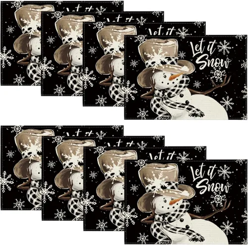 Miniatura 11 de Artoid Mode Juego de 4 manteles individuales de invierno con diseño de copos de nieve y muñeco de nieve rojo de 12 x 18 pulgadas para decoración