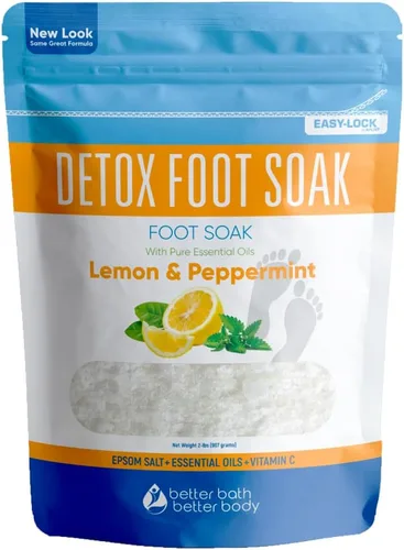 Detox - Remojamiento para pies (2 libras) de sal de Epsom con aceites esenciales de limón y menta