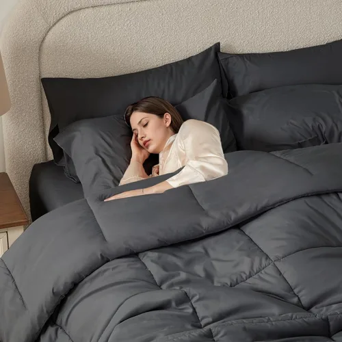 Miniatura 3 de Anluoer Juego de edredón de cama tamaño King en una bolsa de 7 piezas, color gris oscuro con sábanas, juegos de ropa de cama para todas las Gris