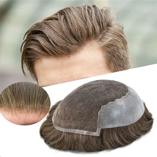 Miniatura 112 de Toupee para hombres pieza de pelo suave suizo encaje real sistema de cabello humano reemplazo blanqueado nudo mens tupé sistema de pelo para hombres