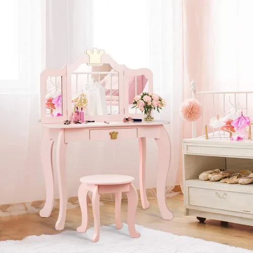 Miniatura 8 de Costzon Juego de Mesa y Silla de Tocador para Niños, Mesa de Maquillaje Princesa con Cajón y Espejo de Tres Pliegues, Juego de Tocador 2 en 1