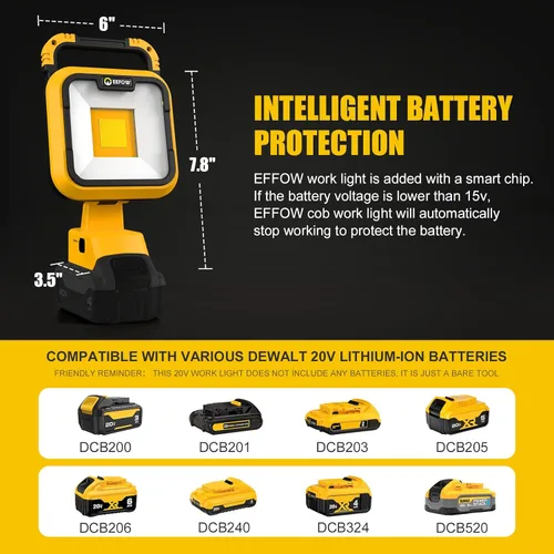 Miniatura 6 de EEFOW Luz de trabajo para batería Dewalt: lámpara portátil de 2 COB de 6400 lúmenes brillante - 64 W iluminación LED para Dewalt 18 V 20 V Max