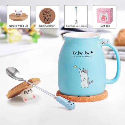 Miniatura 2 de Taza Linda de Gato de Cerámica para Café con Tapa de Madera de Gato Kawaii, Encantadora Cuchara de Acero Inoxidable, Posavasos de Madera Gruesa