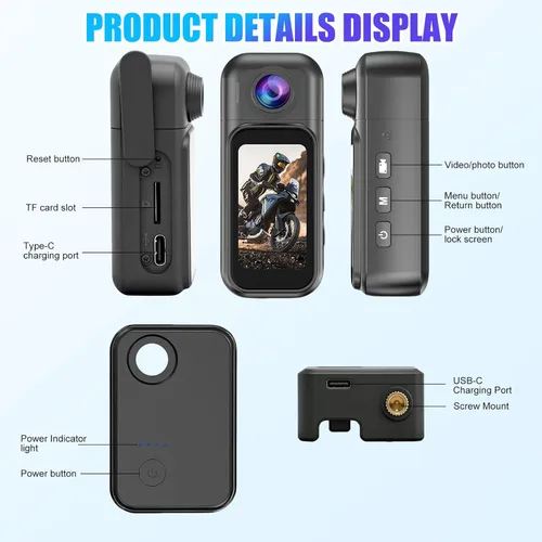 Miniatura 9 de OBEST Mini cámara corporal de 128 GB, cámara de acción de tamaño pulgar 1080P con pantalla táctil LCD de 1.5 pulgadas y estuche de carga, grabación