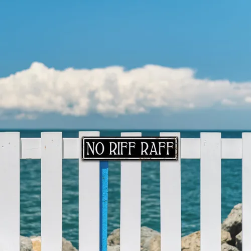 Miniatura 6 de Letrero con texto en inglés "No Riff Raff", divertida decoración de pared de metal, letreros de lata de metal retro, decoración divertida de bar