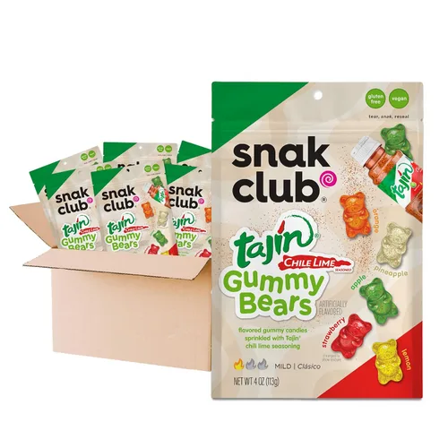 Snak Club Tajin Osos Gomos de Gummy Bears, Gomitas de Fruta Surtidas con Condimento de Chile y Lima, Snacks Suaves, Sin Gluten y Veganos, Bolsas