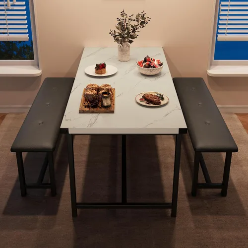 Miniatura 3 de GarveeHome Juego de mesa de comedor para 4, mesa de cocina con 2 bancos tapizados, juego de comedor de cocina de madera, para espacios pequeños
