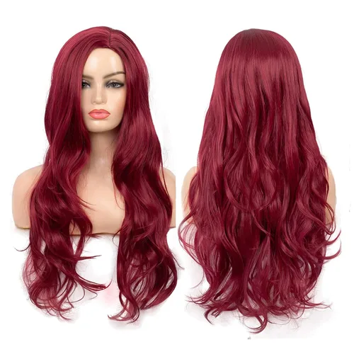 Pelucas largas rizadas y onduladas de color rojo vino para mujer, con parte lateral, aspecto natural, para cosplay, fibra sintética, resistente al