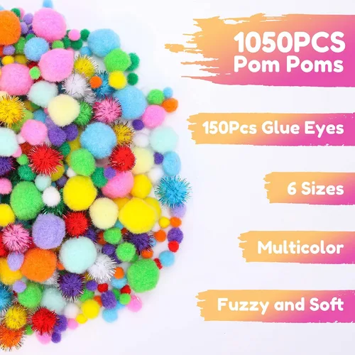 Miniatura 3 de Caydo 1200 pompones para suministros de manualidades, 1050 pompones grandes y pequeños de colores surtidos con 150 ojos saltones Multicolor
