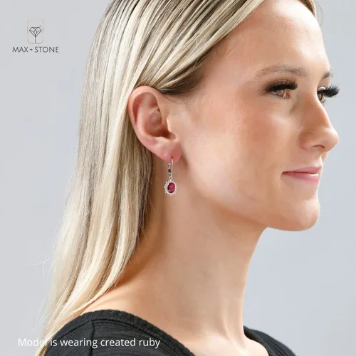 Miniatura 5 de MAX + STONE - Aretes colgantes ovalados de plata de ley 925 con halo y explosión de sol para mujer, piedra natal de 0.315 x 0.236 in con cierre