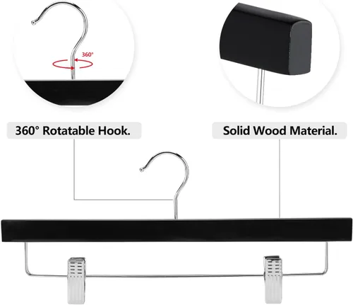 Miniatura 7 de AMKUFO 20 piezas de perchas de madera para pantalones, perchas sólidas para pantalones con clips ajustables de 14 pulgadas, perchas de madera negra