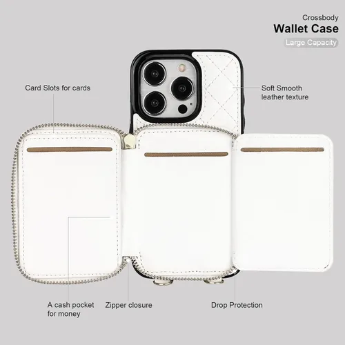 Miniatura 7 de Bocasal Funda tipo cartera cruzada para iPhone 15 Pro, Bolso Cartera con Cremallera de Cuero PU con Bloqueo RFID, Funda Tipo Libro con Tapa Blanco