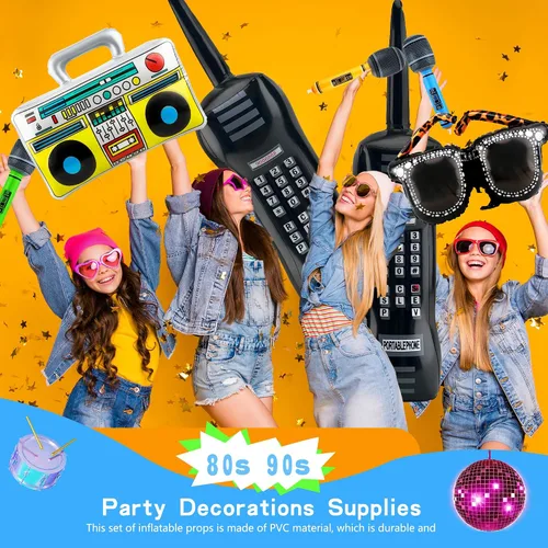 Miniatura 3 de 10 piezas de decoraciones inflables de los años 80 y 90, incluye radio inflable Boombox, teléfono móvil inflable, lentes inflables para decoraciones