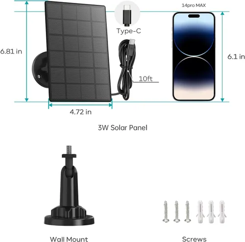 Miniatura 8 de ZUMIMALL Panel solar de 3 W para cámara de exterior inalámbrica, X2/X1/F5, panel solar impermeable IP66 con cable de carga tipo C de 10 pies, fuente