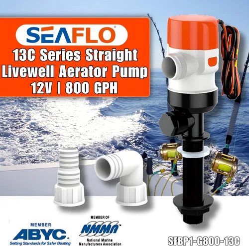 Miniatura 2 de SEAFLO Bomba Livewell Serie 13C 800 GPH – Camiseta extendida, 12 V, salida de 1 pulgada, cabeza de 9 pies, 3.5 A, antiesclusa de aire, motor