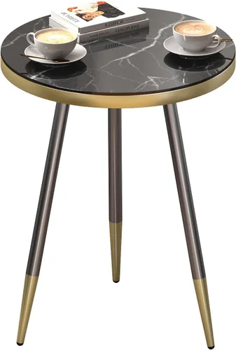 Miniatura 6 de Mesa auxiliar redonda, mesa auxiliar negra para sala de estar, balcón, 31.5 x 15.8 pulgadas, parte superior texturizada de mármol negro que ahorra